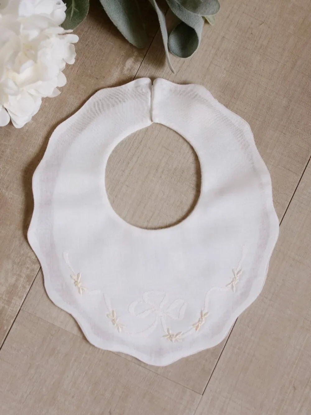 White Heirloom Bib With Shadow Bow Ivory Accents Baby Special Occasion